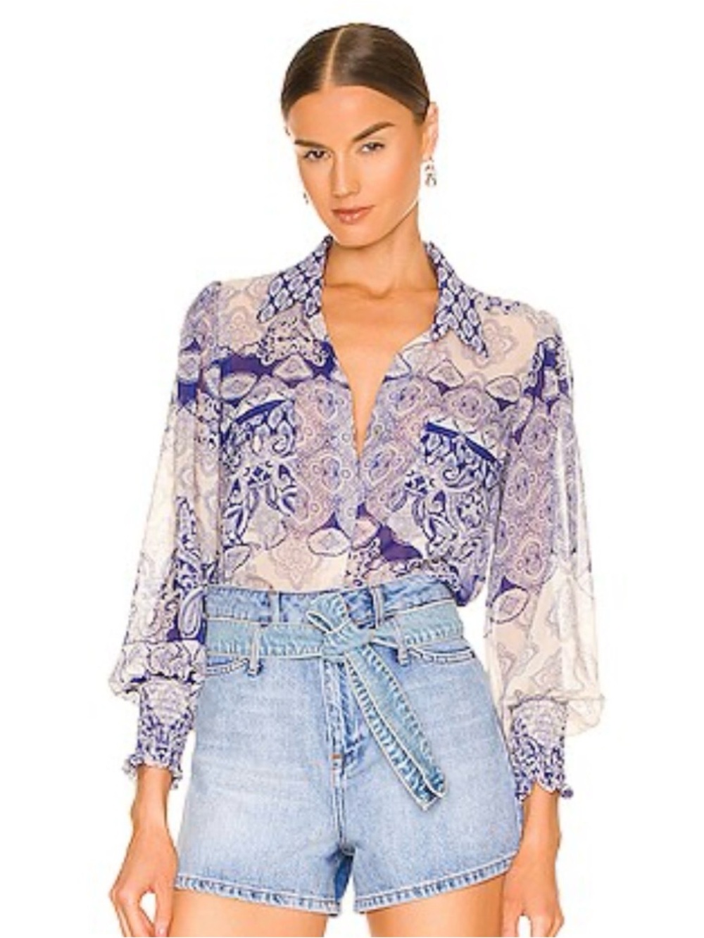 Misa Los Angeles Blue Paisley Sheer Button-Up Blouse